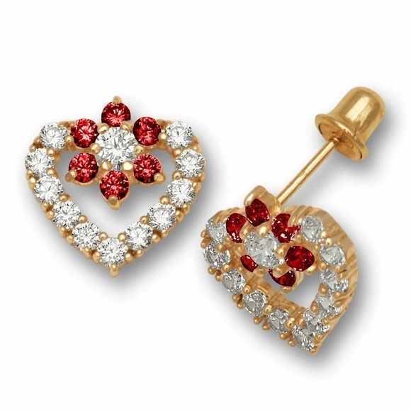 Solid 14K Yellow Gold Heart Shape Screw Back Earrings with Sparkling Birthstone - Picture 2 of 13